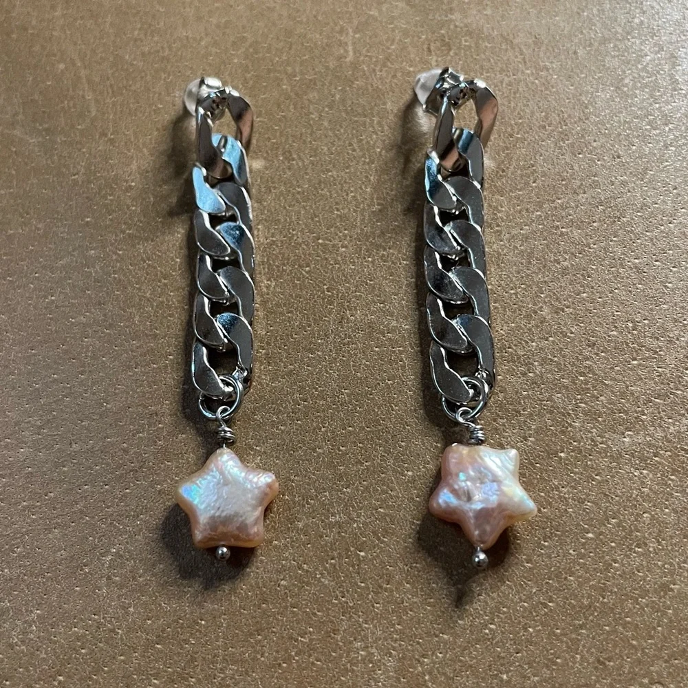 ⭐️ Star freshwater pearls curb chain post earrings silver pink Y2K boho festival - Picture 4 of 5